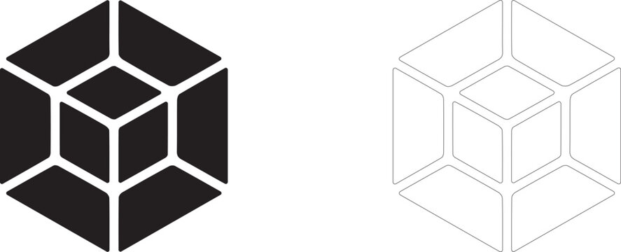 Isometric cube vector icon, three dimensional modeling symbol, digital design blueprint and structural engineering.