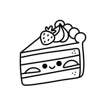 Kawaii cartoon slice of strawberry cake with a happy face line art illustration