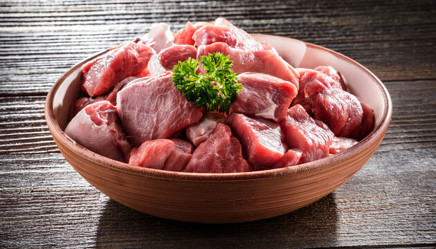 Bowl Of Raw Meat On Wooden Table