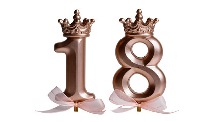 Rose gold number 1 and 8 candles with crowns and bows, isolated on transparent background