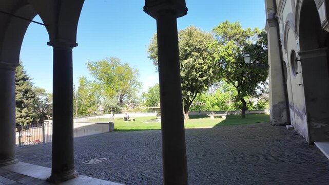 Cinematic View Of The Peaceful Courtyard At The Chiesa Di Sant'Onofrio Al Gianicolo Rome