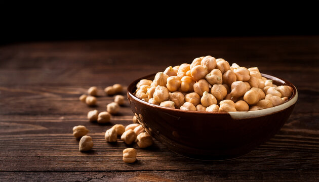 Chickpeas In Ceramic Bowl On Dark Wooden Rustic Table Selective Focus