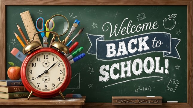 Vintage chalkboard back to school composition with alarm clock, pencils, scissors, and school supplies