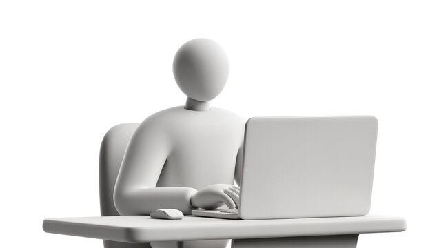 Abstract white figure typing on laptop with mouse, isolated on transparent background