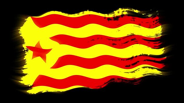 Waving torn Catalan lands - red estelada flag grunge brush burn light leaks, transparent background alpha channel loop full HD
