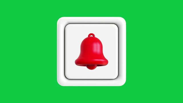 Red Notification Bell Button Animated Icon. Animated 3D styled white square button with a red notification bell for alerts, reminders, sound alarms, and subscribe user updates.