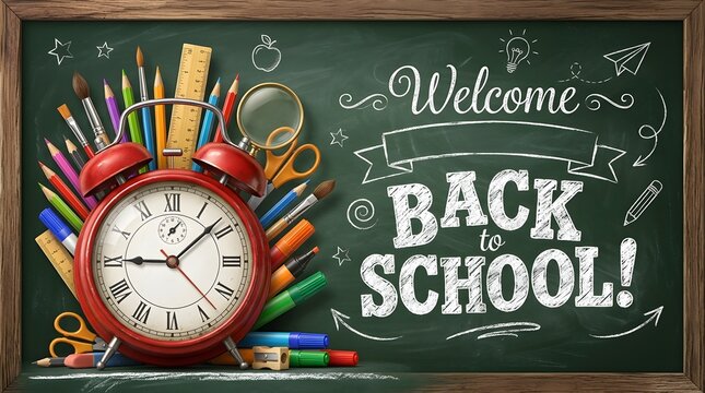 Vintage chalkboard back to school composition with alarm clock, pencils, scissors, and school supplies