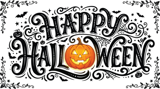 Happy helloween typography vintage halloween jack o' lantern bat illustration for seasonal decor