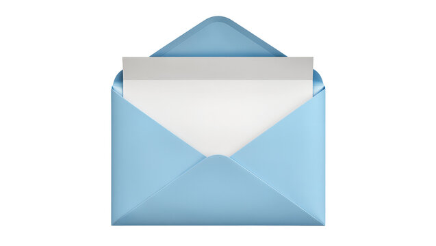 Open blue envelope with white paper inside, isolated on transparent background