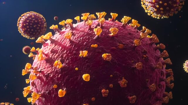 Virus particles floating macro view in dark cellular space, spherical pathogens and surface proteins for virology research, pandemic education, infection risk, vaccine study, and medical science media