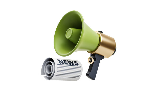 Green and gold megaphone with Bitcoin symbol, next to rolled news paper isolated on transparent background