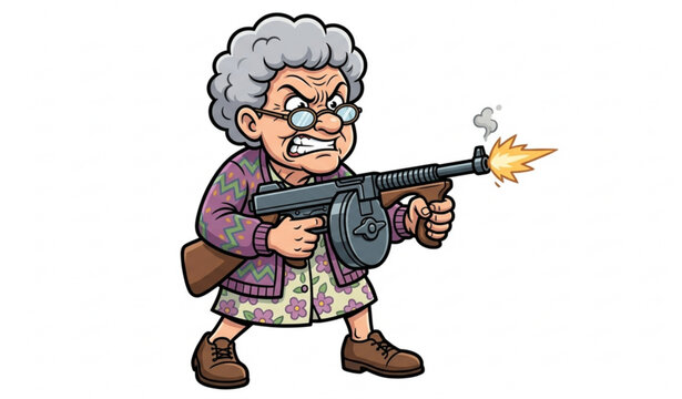 Angry Grandma with Machine Gun Cartoon Vector Illustration