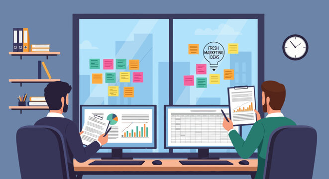 Two businessmen collaborating on a project using sticky notes and digital displays.