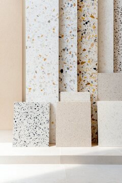 Terrazzo plank samples arranged vertically for interior design moodboard and background texture palette reference