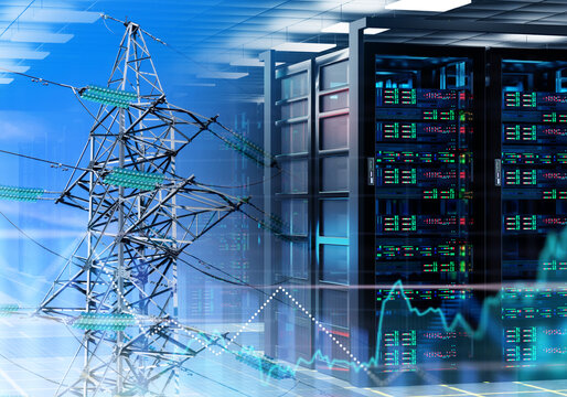 Energy infrastructure. High voltage power transmission supports data center servers and digital network operations in modern technology facility