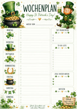 Cute St. Patrick's Day weekly planner with leprechaun, shamrocks, pot of gold and green decorations. Perfect for organizing your week in festive style.