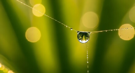 Fototapeta premium Macro photography of a single water droplet on a spider web with blurred green background.