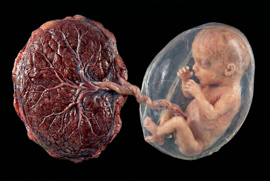 Detailed view of the placenta and human fetus inside the amniotic sac.