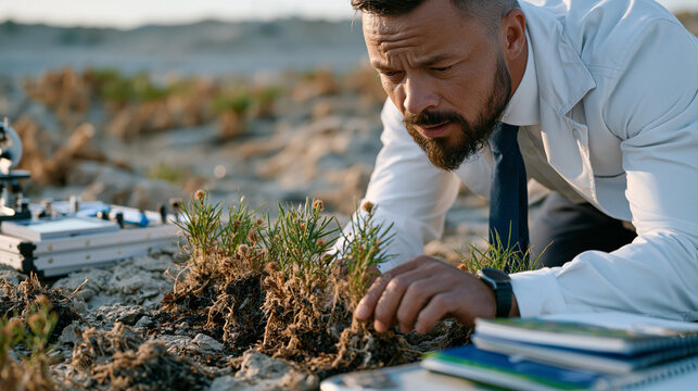 agronomist kneeling in a parched research field examines drought-resistant seedling root structures grown from genetically optimized seed stock, portable soil testing equipment and crop journals arr