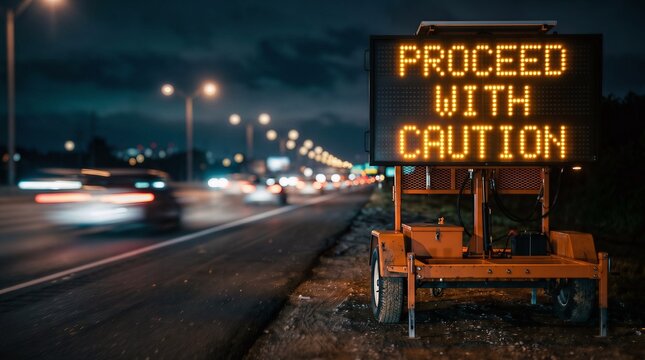 Roadside electronic warning sign illuminated with proceed with caution text at night along a busy highway with blurry passing car lights transport emergency hazardous