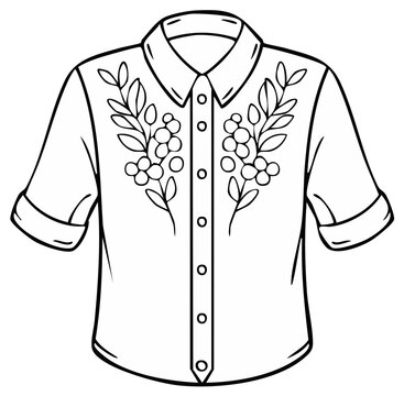 Line Art Illustration of a Short-Sleeved Button-Up Shirt with Floral Embroidery