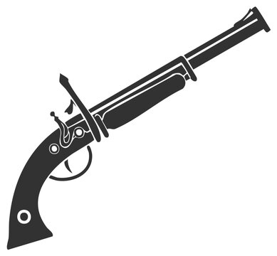 Flintlock pistol weapon silhouette, antique firearm