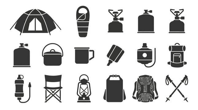 Flat vector icon set of hunting accessories, monochrome single color design, clean geometric shapes
