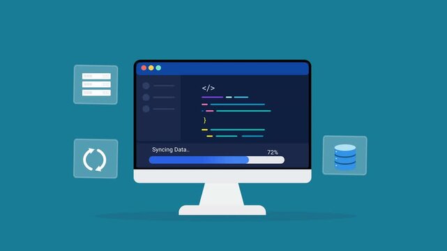 Animated flat vector illustration of a desktop monitor displaying software code with database and synchronization icons. Modern data synchronization, database management, and technology workflow conce