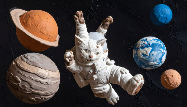 Clay models of astronaut cat and planets in space.