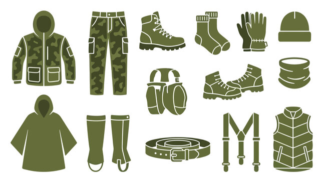 Includes: camouflage jacket, camouflage pants, hunting boots, wool socks, insulated gloves, beanie hat, neck gaiter, rain poncho, gaiters, belt, suspenders, thermal vest.