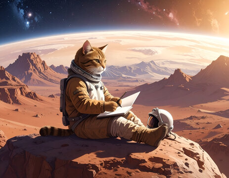 Calico cat astronaut reading book on red planet surface.