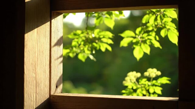 A sunlight-drenched window frame showcasing lush green leaves.