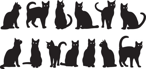 Black cat silhouettes, feline icons, kitty graphics, animal shapes isolated on Transparent Background © Riponislam