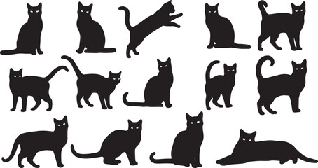 Black cat silhouettes, feline icons, kitty shapes, animal graphics isolated on Transparent Background © Riponislam