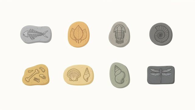 Detailed collection of eight unique prehistoric fossils featuring diverse ancient organic remains on white background