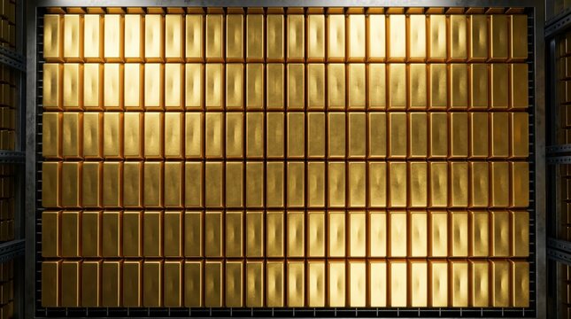Stack of Shining Gold Bars Arranged in a Vault Wall for Financial Investment and Wealth Management Concept