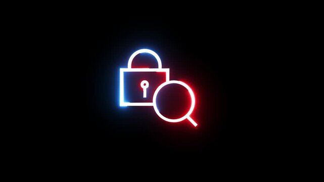 Dynamic neon lock and search icon animation motion graphic on black background.