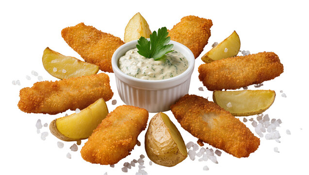 Crispy golden fish fingers and potato wedges with tartar sauce, isolated on transparent background