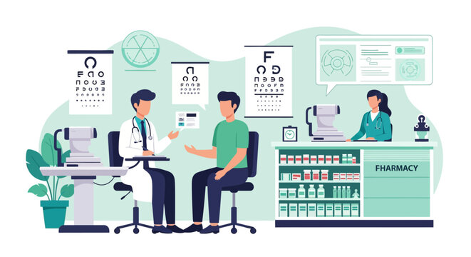 Doctor examining patient at optometry clinic with eye charts and pharmacy counter.