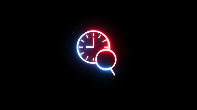 Animated clock and magnifying glass neon icon loop on black background.