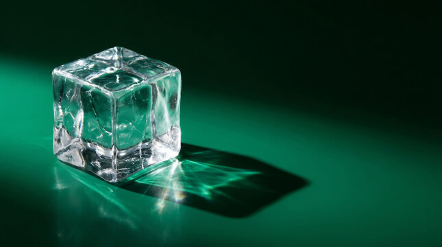 Clear transparent glass cube ice block bright green neon caustic light shadow dark surface abstract modern minimalist geometric background texture reflection refraction art decor contemporary