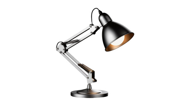 Adjustable articulated desk lamp with black shade and metallic arm, isolated on transparent background