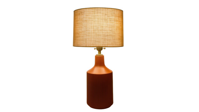 Terracotta ceramic table lamp with woven shade, isolated on transparent background
