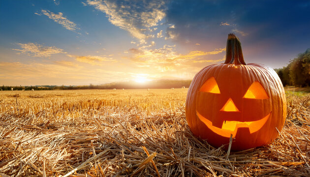 Shining Carved Halloween Pumpkin In The Harvested Field With Sunset
