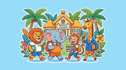 A group of happy animals including a lion, elephant, monkey and giraffe are standing in front of a school building with palm trees. © Fendi