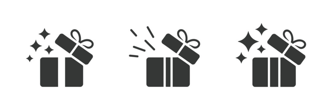 Gift box icons set, package surprise symbols with ribbon wrapped presents, christmas gift illustrations, line and silhouette style vector design.