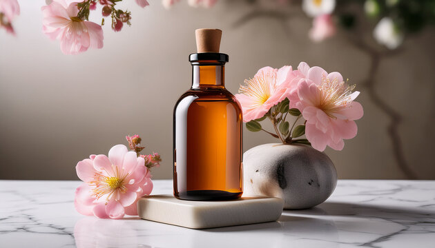 Amber Glass Bottle With Wooden Stopper On Marble Coaster Beside Pale Pink Flowers In A Small Vase And Smooth Stone Soft Neutral Background