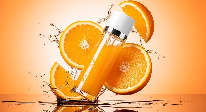 Vibrant Vitamin C serum concept featuring orange fruit slices and energetic water splashes for skincare branding