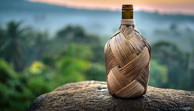 Close Up Botol Arak Bali Dengan Detail Anyaman Daun Elapa Yang Kering Simpul Impul Tradisional Terlihatjelas Ditempatkan Di Atasbatu Alam Dengan Embun Pag Ultra Fokus Dan Tekstur Inggi