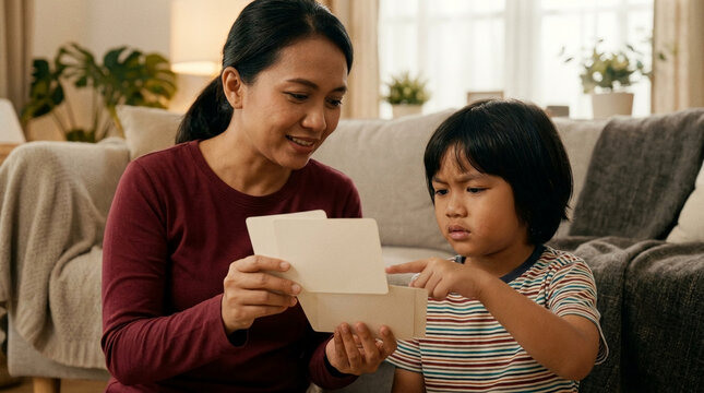 Asian Mother Helping Her Young Son with Educational Flashcards During Homeschooling Session in a Cozy Domestic Living Room Setting